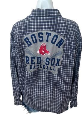 Boston Red Sox Plaid Flannel Shirt XL Oversized Unique Baseball Tailgate Blue